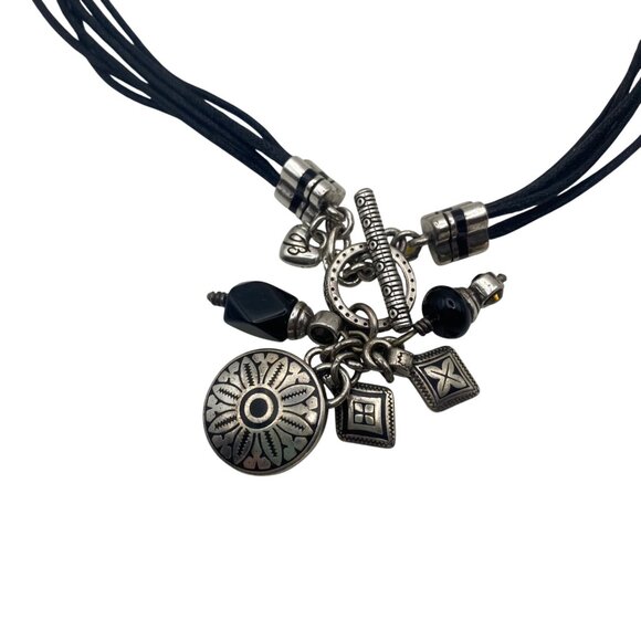 Signed Brighton Black Cord Necklace Multi Silver Plated Charms Toggle Clasp 17" - Picture 2 of 7